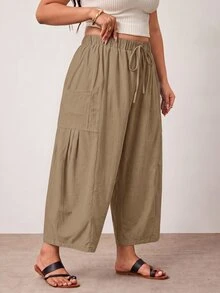 Enliva Plus Size Loose Fit Drawstring Casual Cropped Pants - Khaki - View 4