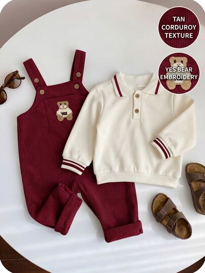 Baby Boy Contrast Color Long Sleeve Top And Overalls Casual Daily Outfit Set