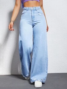 Jeanoix Petite Celana Panjang Wanita Gaya Y2K untuk Aktivitas Luar Ruangan, Model Petite, Warna Biru, Potongan Lebar, Cocok untuk Semua Musim, dengan Detail Usang dan Potongan Rapi. - Light Wash - View 6
