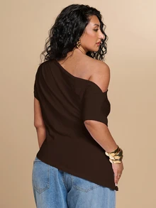 SHEIN BAE CURVE 大尺碼女款純色休閒百搭日常穿著上衣 - 摩卡棕 - 查看 3