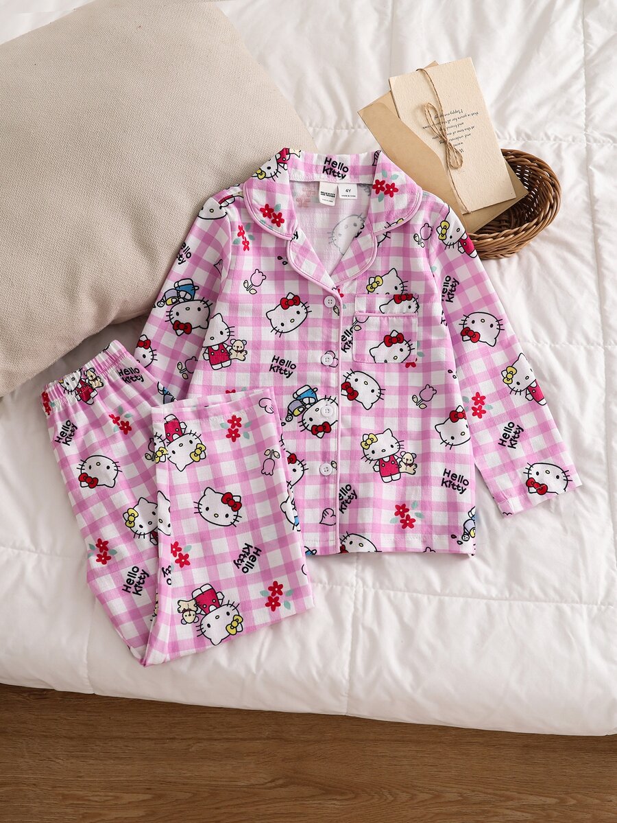HELLO KITTY AND FRIENDS | SHEIN Setelan Pakaian Santai 2 Potong untuk Anak Perempuan, Motif Kartun Cetak Penuh, Musim Semi, Gugur, dan Musim Dingin - Berwarna merah muda - View 1