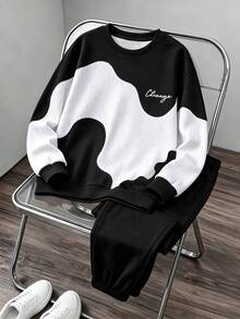 SHEIN Coolqubz Teenager Autumn/Winter Thick 2 Pieces Set Black & White Asymmetrical Wave Patchwork Sweatshirt With Cuffed Pants, Cool Cute Contrast Color Sweatshirt Outfit - Multicolor - View 3