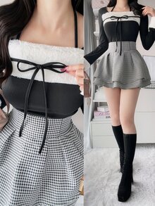 FRIFUL Women's Bowknot Decor Contrast Color Long Sleeve Fashion T-Shirt - Black - View 1