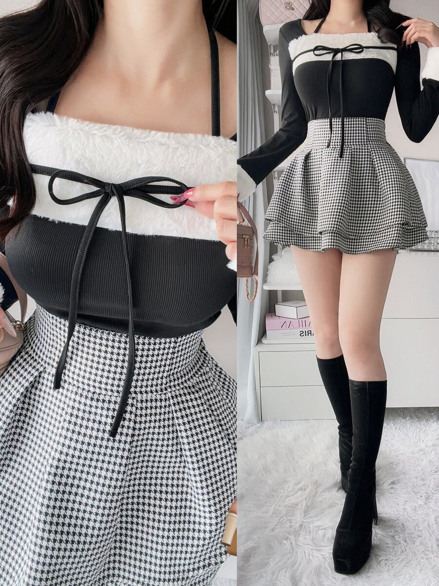 FRIFUL Women's Bowknot Decor Contrast Color Long Sleeve Fashion T-Shirt - Black - View 1