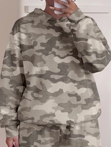 SHEIN 美式街頭 Y2K 灰色迷彩滿版印花女款青少年休閒舒適加厚寬鬆連帽衛衣與寬鬆運動長褲套裝，適合秋冬日常、度假、外出、校園、運動、街頭休閒，秋冬新品，隨性時尚 - 彩色 - 查看 5