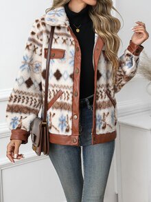 SHEIN Clasi Women's Autumn/Winter Geometric Pattern Regular Jacket Winter Clothes Christmas Halloween Fall Winter - Multicolor - View 5