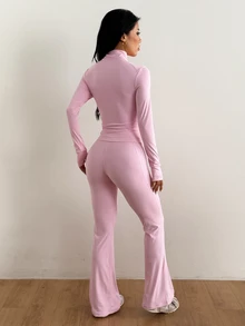 Coolane Women's Summer Sport Yoga Shaping Zipper Detail Jacket + Butt-Lifting Flared Long Pants Pink 2pcs - Pink - View 2