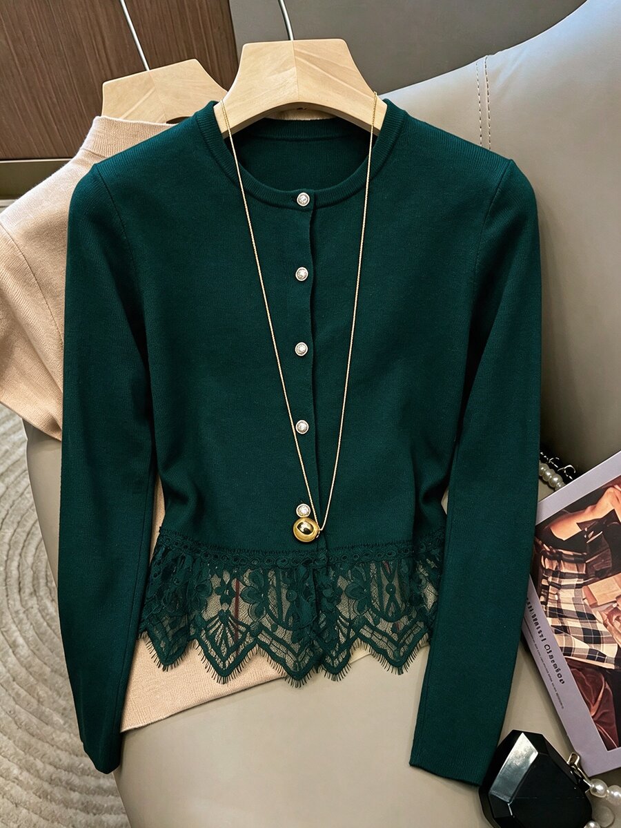 SHEIN Franclia 優雅蕾絲飾邊女款開襟衫 - 墨綠色 - 查看 1