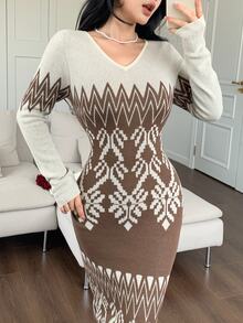 Feyla Women's V-Neck Colorblock Casual Everyday Knit Dress - Multicolor - View 6