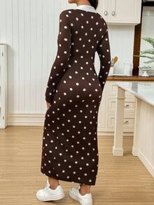 SHEIN Maternity Polka Dot Colorblock Casual Daily Summer Dress - Brown - View 2