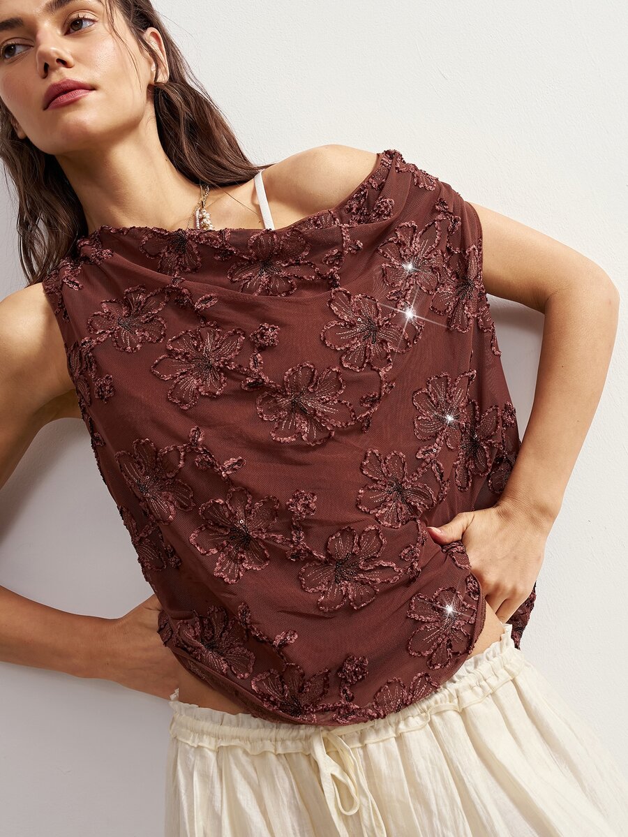 Bohemela Women's Cowl Neck Floral Textured Fashion Loose Tank Top - Brown - View 1