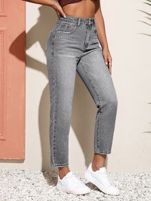 SHEIN PETITE 女款休閒百搭日常牛仔褲，附口袋與鈕扣設計 - 灰色 - 查看 3