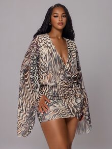 Rustia Summer New Sexy Mesh Deep V-Neck Digital Print Fitted Mini Plus Size Dress Fall - Multicolor - View 3