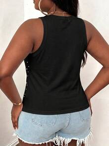 Slaydiva Plus Size Casual Basic Fitted Rhinestone Black Round Neck Off-Shoulder Tank Top - Black - View 4