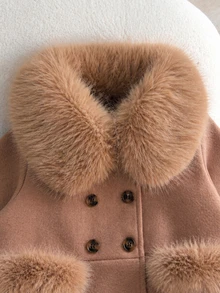 Elladie kids Mantel Panjang Anak Perempuan Warna Cokelat dengan Kerah Bulu, Saku, dan Hiasan Bulu, Jaket Wol Musim Gugur/Dingin Panjang Sedang - Mocha Brown - View 5
