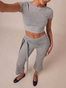 SHEIN BAE Women Grey High Waist Flare Drawstring Pants Gym Workout Training Running Yoga Athletic Activewear - Light Grey - View 4