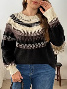 Easowa Curve Plus Size Autumn/Winter Casual Colorblock Striped Pullover Sweater - Multicolor - View 4