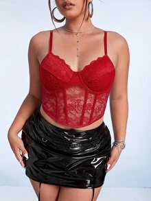 SHEIN ICON 黑色束腰大碼蕾絲細肩帶背心上衣 - 紅色 - 查看 1