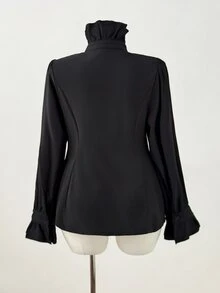Sunspun Kemeja Longgar Kerah Ruffle Gelap Ukuran Besar - Hitam - View 7