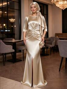 SHEIN Lady Plus Size Elegant Satin Pleated Front Slit Dress Fall - Gold - View 3