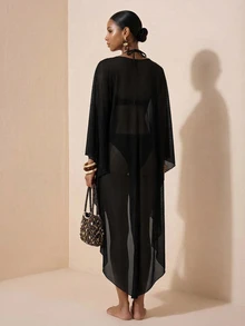 Zivah 新款女款度假休閒海灘泳池派對半透鏤空彈性網紗長披肩罩衫 - 黑色 - 查看 2