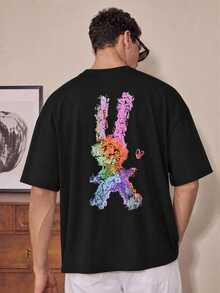 FROVYX Colorful Graffiti Art Rabbit Silhouette Short Sleeve T-Shirt, Artistic Contrast Color Graffiti Rabbit Loose Fit T-Shirt, Suitable For Weekend Friends Gatherings And Socializing, Ideal For Young People Seeking Personalized Expression, Loving Art Graffiti Style And Street Fashion Culture - Black - View 3