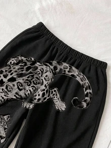 SHEIN EZwear 女款休閒低腰直筒運動長褲，復古虎紋印花，適合春夏秋冬 - 彩色 - 查看 4