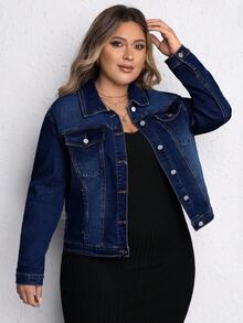 SHEIN CURVE+ Plus Size Women's Single-Breasted Casual Daily Denim Jacket - Dark Wash - View 4