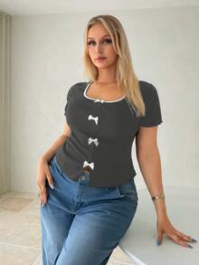 Auralis Plus Size Summer Casual Bowknot Decor T-Shirt - Dark Grey - View 5