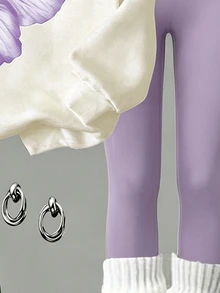 SHEIN 灰色/休閒/交叉/百搭/長袖套頭衫/青少年女孩休閒極簡個性藍色花卉圖案灰色連帽舒適長袖衛衣黑色緊身褲2件套，適合秋冬 - 彩色 - 查看 5