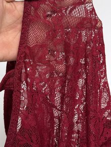 Viva Relle Burgundy Sheer Floral Lace Spaghetti Strap Mini Dress Scallop Lace Neckline Ruffled Voluminous Tier Hem Homecoming Holiday Cocktail Party Gown - Burgundy - View 7