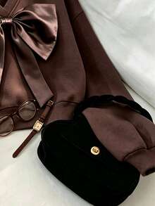 SHEIN EZwear 深棕色寬鬆V領緞面誇張蝴蝶結可愛優雅休閒秋冬女款衛衣早午餐穿搭 - 咖啡棕 - 查看 4
