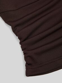 Sweetra Women's Autumn/Winter Brown Ribbed Knit Metal Starfish Decor Twisted Short Sleeve Slim Fit Top + Straight Leg Pants 2-Piece Set, Casual Cute Versatile For Outings, Dates And Daily Wear - Brown - View 8