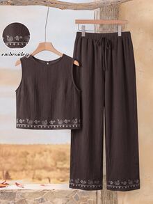 Rusticease Women's Cashew Embroidery Round Neck Tank Top And Long Pants Casual Set - Coffee Brown - View 1