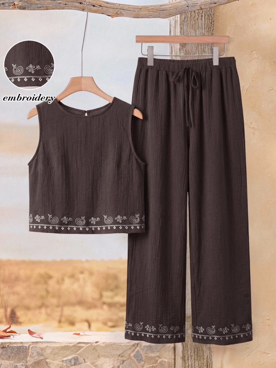 Rusticease Women's Cashew Embroidery Round Neck Tank Top And Long Pants Casual Set - Coffee Brown - View 1