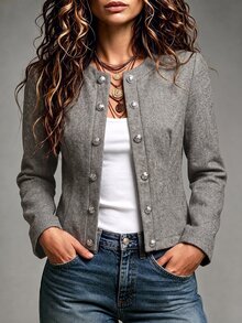 SHEIN Women Grey Herringbone Fabric Cropped Blazer Round Neck Silver Decorative Buttons Autumn Office Smart Casual Outerwear - Grey - View 1