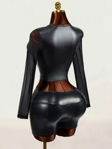 Mistrie Women's Sexy Goth Fitted Fashion Mesh Patchwork Cropped Top Halloween Night Out Clubbing Black Fall - Black - View 7