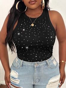 Slaydiva Plus Size Casual Basic Fitted Rhinestone Black Round Neck Off-Shoulder Tank Top - Black - View 2