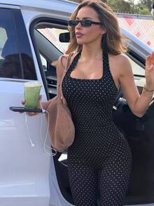 Gameset SHEIN Sport Women's Polka Dot Print Halter Tank Top And Leggings Sports Set - Black - View 5