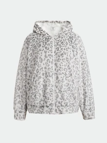 SHEIN 青少年女孩黑色愛心印花抓絨連帽拉鍊外套，秋季毛絨外套返校穿搭 - 杏色 - 查看 3