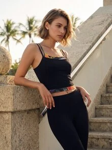 CAJUNI Printed Patchwork 2 In 1 Sports Camisole - Black - View 4