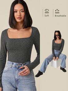 SHEIN BASICS 女款休閒純色方領修身短袖上衣 炭灰色 日常秋季穿搭 - 深灰色 - 查看 6