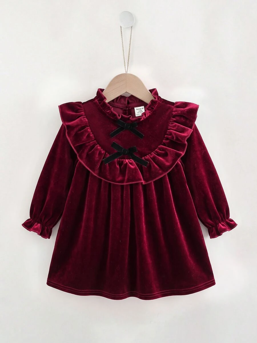 Babygirl Cute Autumn/Winter Velvet Bow Burgundy Ruffle Dress Christmas Dress - Burgundy - View 1