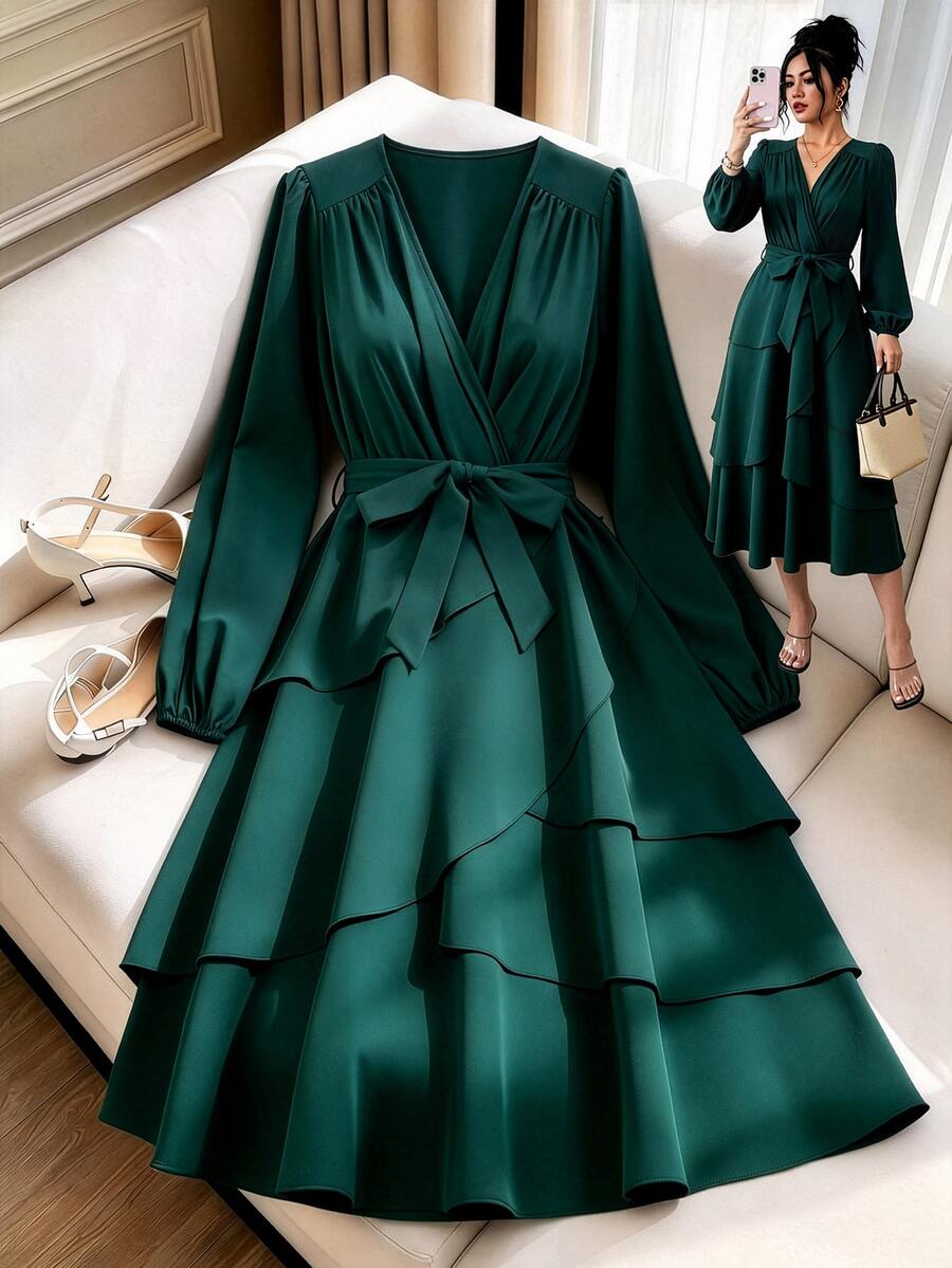 Selianne Multi-Layer Split Design Elegant Vintage Commuter Long Sleeve V-Neck French Style Women's Dress - Dark Green - View 1