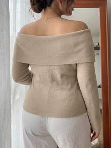 Dazy Plus Solid Color Fitted Elegant Off-Shoulder Pullover Sweater, New Autumn/Winter Commuter Style - Khaki - View 2