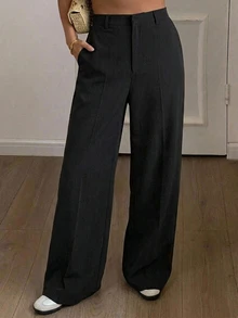 Dazy Plus Semi-Elastic Waist Solid Color Casual Fun Commute Versatile Office Wear Long Pants - Black - View 4