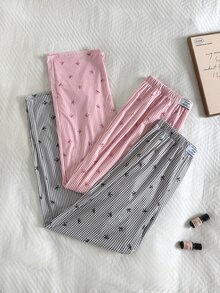 Napfluff 2pcs Women's Minimalist Fashion Striped Bow Print Waistband Elastic Waist Straight Leg Long Pajama Pants 2-Piece Set - Multicolor - View 6