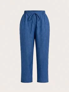 SHEIN Essnce Plus Size Casual Elegant Baggy Solid Color Pants Women Summer Formal Vacation Black Sky Blue - Multicolor - View 4