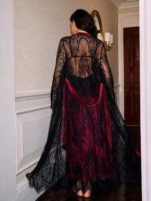 Slumberist Sexy Sheer Lace Black & Red Contrast Color Open Back Robe & Nightgown Sleepwear Set For Women - Burgundy - View 2