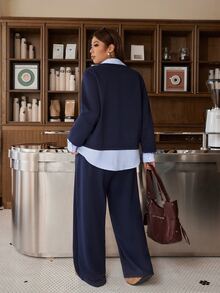 Muchica Navy Blue Plus-Size Women's Patchwork Striped Shirt Collar Two-In-One Autumn And Winter Casual Layered Sweatshirt And Pants Set - Navy Blue - View 2